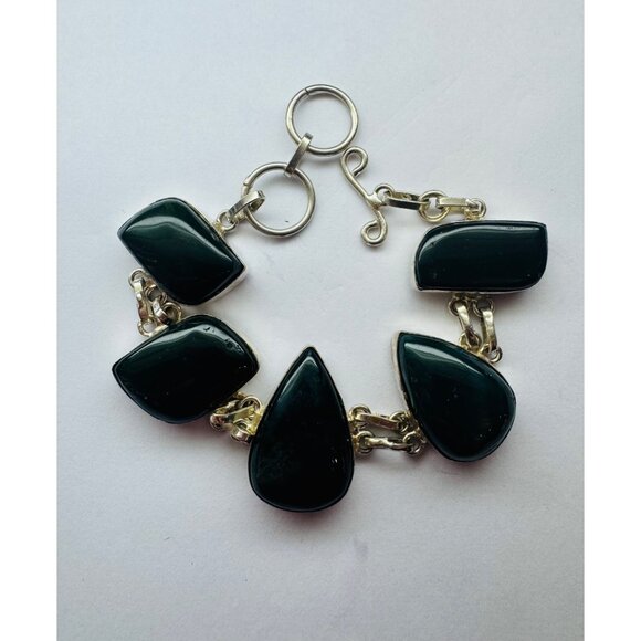 Designer Jewelry - Estate Antique 925 Sterling Silver Green Bloodstone Toggle Bracelet 7" 31.4g